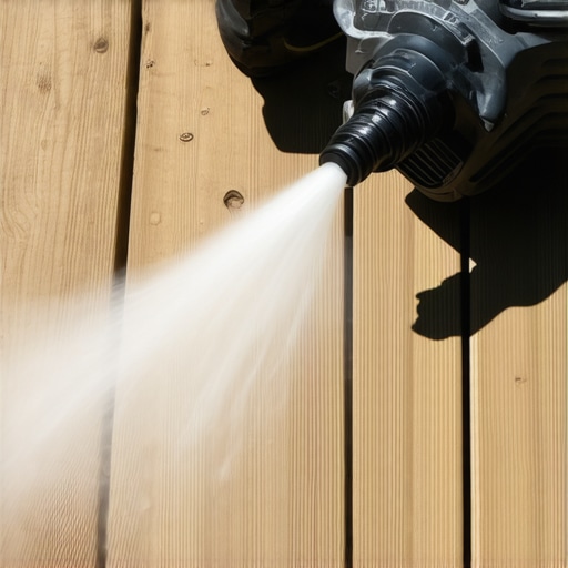 A person cleaning a composite deck with a professional pressure washer to maintain its appearance and longevity.