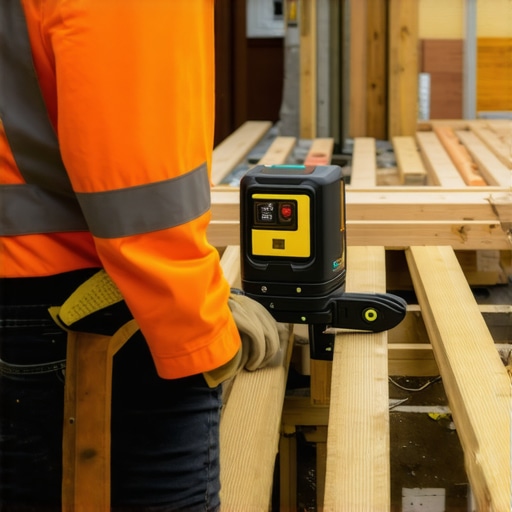 Builder adjusting a laser level to ensure deck framing accuracy.