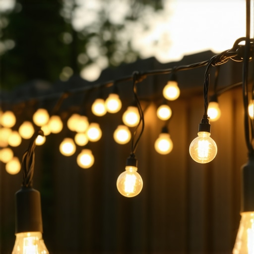String lights illuminating a backyard patio during sunset.