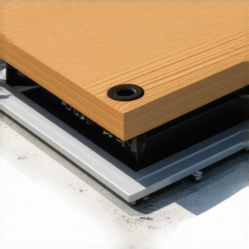 Close-up of a waterproof trapdoor with sealed edges and drainage features in a modern deck setting