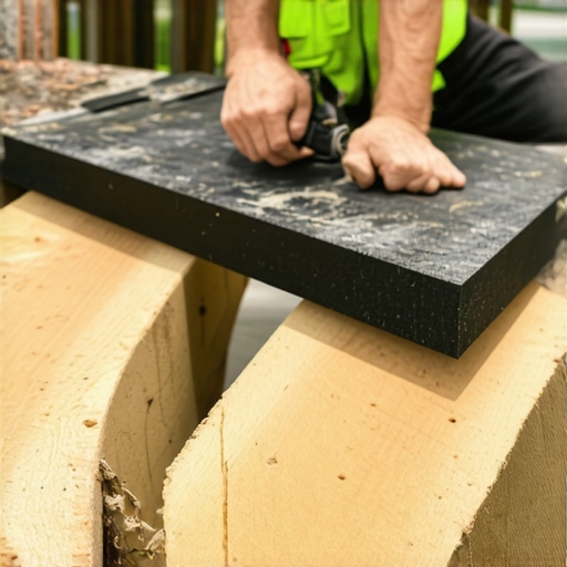 Professional deck builder applying protective joist tape to prevent wood rot.