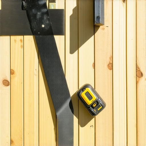Applying Butyl Joist Tape for Deck Longevity A builder applying black protective tape to deck joists to prevent wood rot.