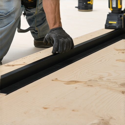 Professional deck builder applying protective joist tape to a wooden frame to prevent rot.