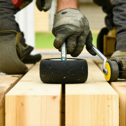 Close-up of a professional deck builder sealing wooden joists with waterproof tape to prevent rot.