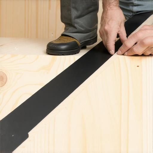 Carpenter applying black protective joist tape to the top of a wooden deck stair stringer to prevent rot.