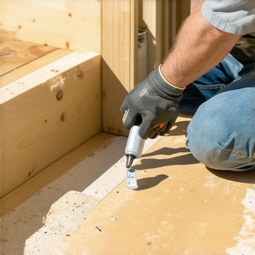 A professional using a caulk gun to apply adhesive to a deck stair stringer to stop squeaking.
