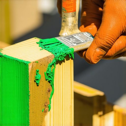 Close up of a brush applying green wood preservative to the end of a cut pressure treated timber post.