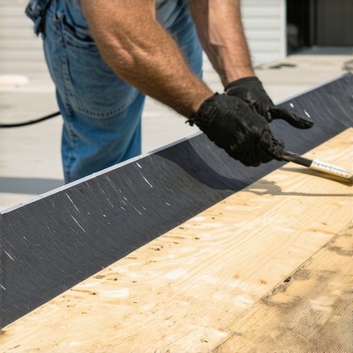 Applying Joist Tape for Deck Longevity Professional deck builder applying protective joist tape to a wooden frame