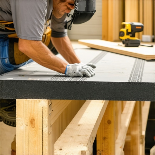 Professional deck builder applying protective joist tape to a wooden deck frame to prevent rot.