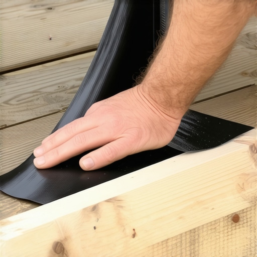 Professional deck builder applying black joist tape to a wooden frame to prevent rot.