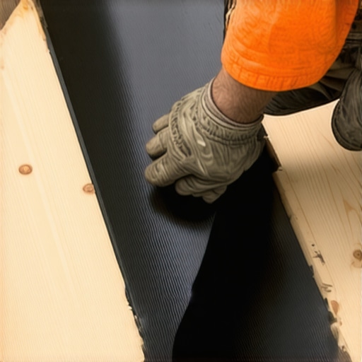 Close up of a deck builder applying protective joist tape to a wooden frame.