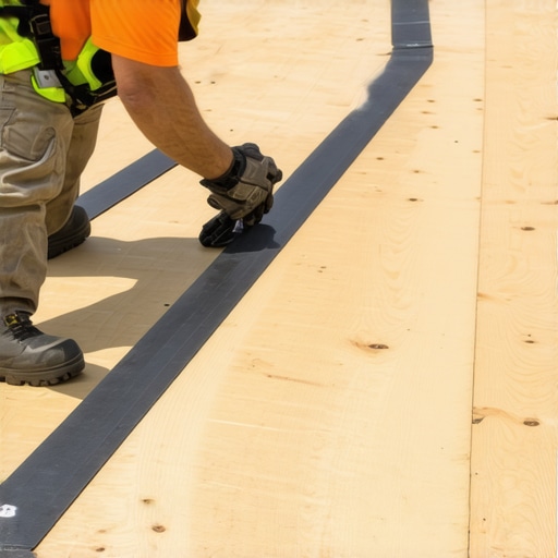 Close up of joist tape being installed on a deck frame to prevent wood rot.