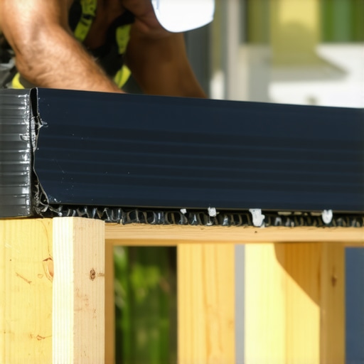 Close-up of joist tape being installed on a deck frame to prevent wood rot under composite decking.