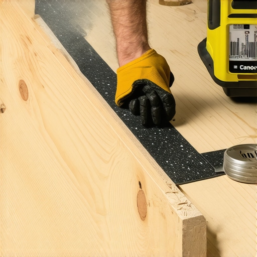Close-up of black joist tape being applied to a deck frame to prevent rot.