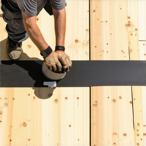 Close-up of waterproof butyl joist tape being applied to wooden deck joists for rot prevention.