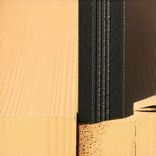 Professional deck builder applying black joist tape to prevent wood rot on stair stringers.