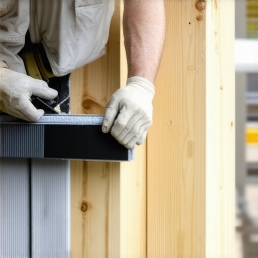 Close-up of a worker applying joist tape to prevent wood rot in a deck frame.