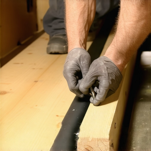 A contractor sealing an under-deck drainage system with butyl tape for a waterproof patio.