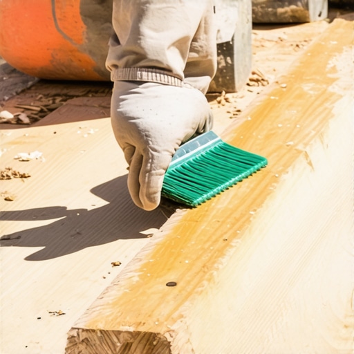 Applying end-cut sealer to pressure-treated lumber Carpenter brushing preservative onto a freshly cut wood joist to prevent rot.