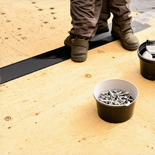 Close-up of deck joist tape application process.