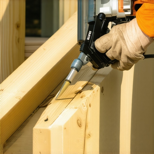 Close-up of structural adhesive being applied to a deck stair stringer to prevent squeaking.
