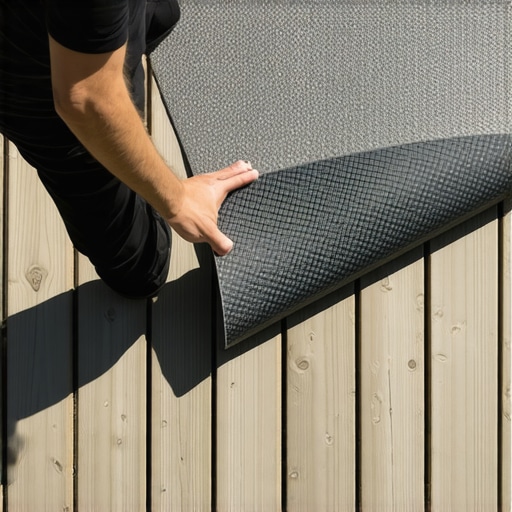 A hand lifting an outdoor rug to reveal a mesh rug pad that allows airflow on deck boards.