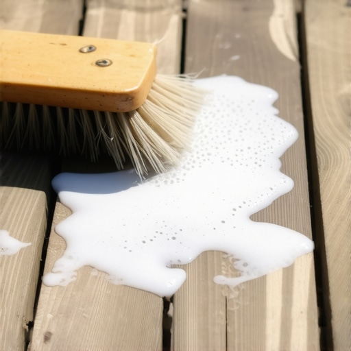 Man cleaning a grease stain on a composite deck with a soft brush and soapy water.