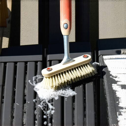Worker using a soft brush and soap to clean a composite deck surface