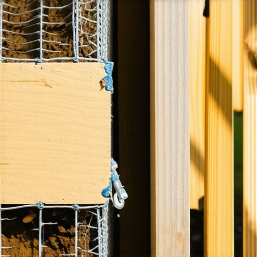 Close up of a 12 inch deep trench with hardware cloth bent in an L-shape to prevent raccoons from digging under a deck.