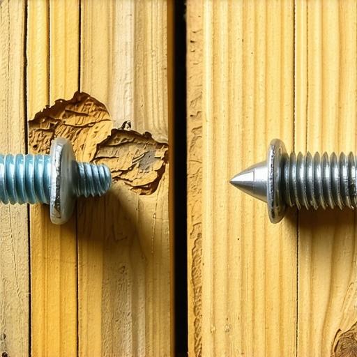 Close-up of a rusted standard screw next to a clean stainless steel deck screw in green treated wood.