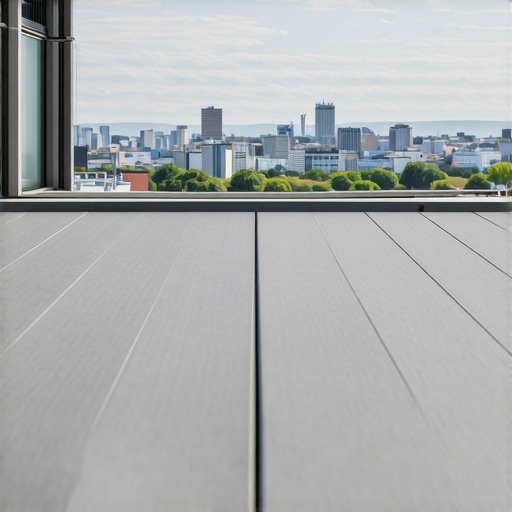 Diagonal grey composite deck boards on a small modern balcony with hidden fasteners