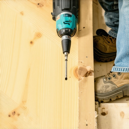 A person fixing a squeaky deck stair by driving a screw into the wooden tread