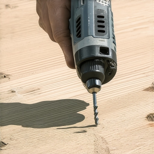 An impact driver driving a structural screw into a composite deck stair tread