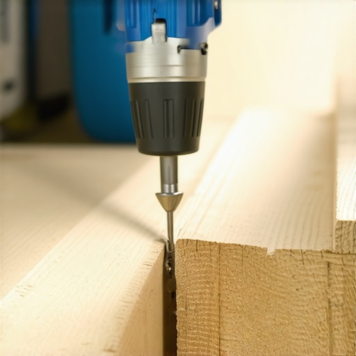 Professional deck builder using impact driver on taped stair stringers