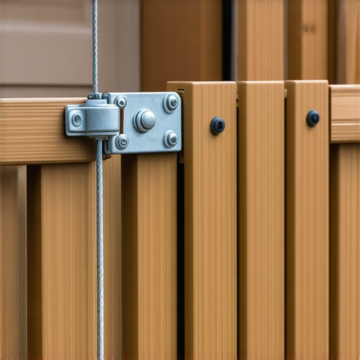 A metal turnbuckle kit installed diagonally on a deck gate to correct sag.