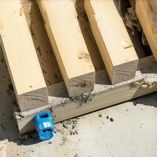 A low-profile deck sleeper system on a concrete patio showing drainage shims and joist spacing.