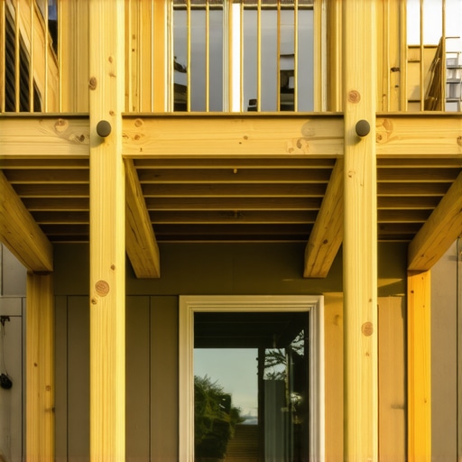 Freestanding Deck Framing for Cantilevers Professional framing for a freestanding deck next to a cantilevered house bump-out showing posts and double beams.