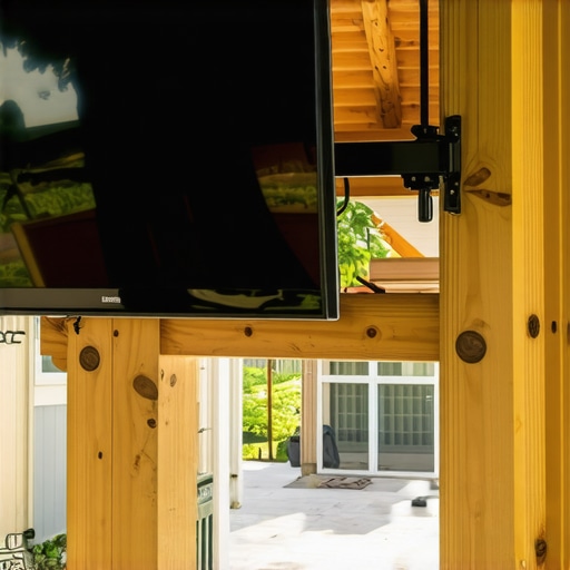 Close-up of an articulated TV mount on a screened porch post.