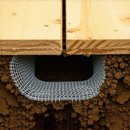 Close-up of hardware cloth trenching under a deck to prevent raccoon access.