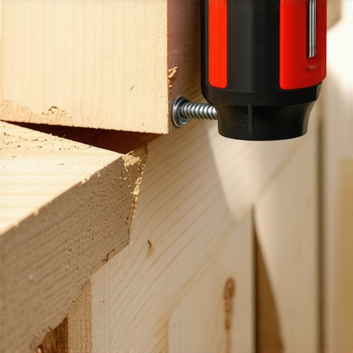 Professional impact driver installing a deck ledger board with spacers.