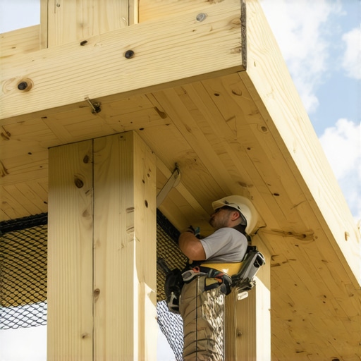A contractor securing hardware cloth to the underside of a deck to prevent birds from nesting.
