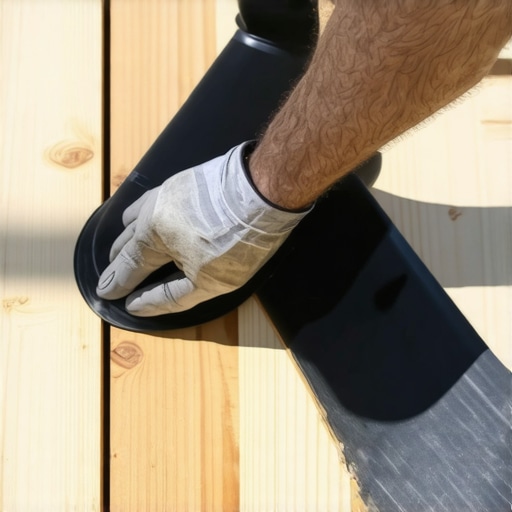 Professional applying butyl joist tape to a wooden deck frame to prevent rot.