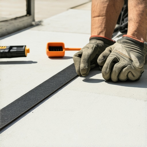 A professional deck builder applying protective joist tape to prevent wood rot under composite decking.