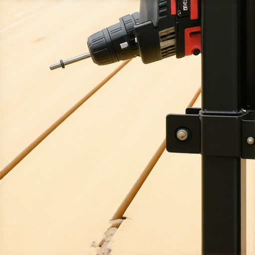 Close-up of a black steel railing post being secured to a deck with structural screws.