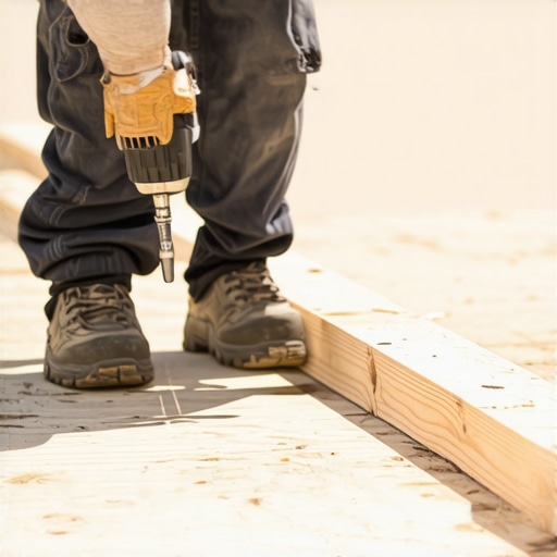 A builder installing a structural screw into a deck ledger with flashing tape applied to the joists.