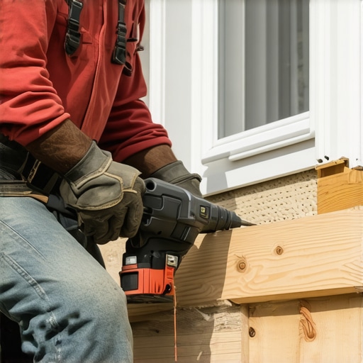 Installing Structural Screws and Flashing Close-up of deck builder installing structural screws into a ledger board with proper flashing below house siding.