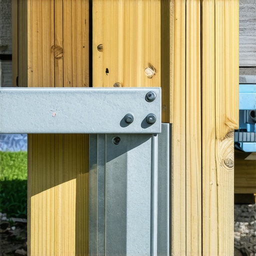 A close-up view of a metal termite shield and standoff bracket between a concrete pier and a wooden deck post.