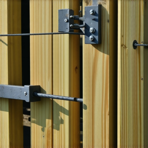 A metal turnbuckle and cable kit used to lift the corner of a sagging wooden deck gate.