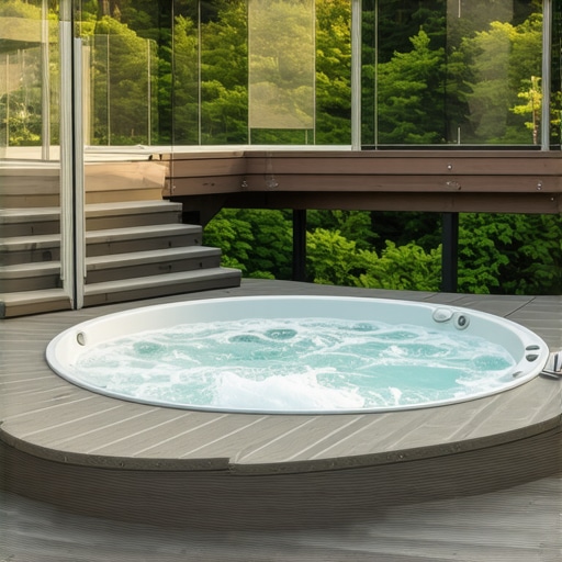 Integrated Spa Deck Design with Scenic Views Semi-sunken hot tub integrated into a modern composite deck with glass railings to preserve the backyard view.