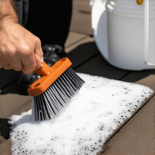 Close-up of cleaning a composite deck with a soft brush and soapy water.